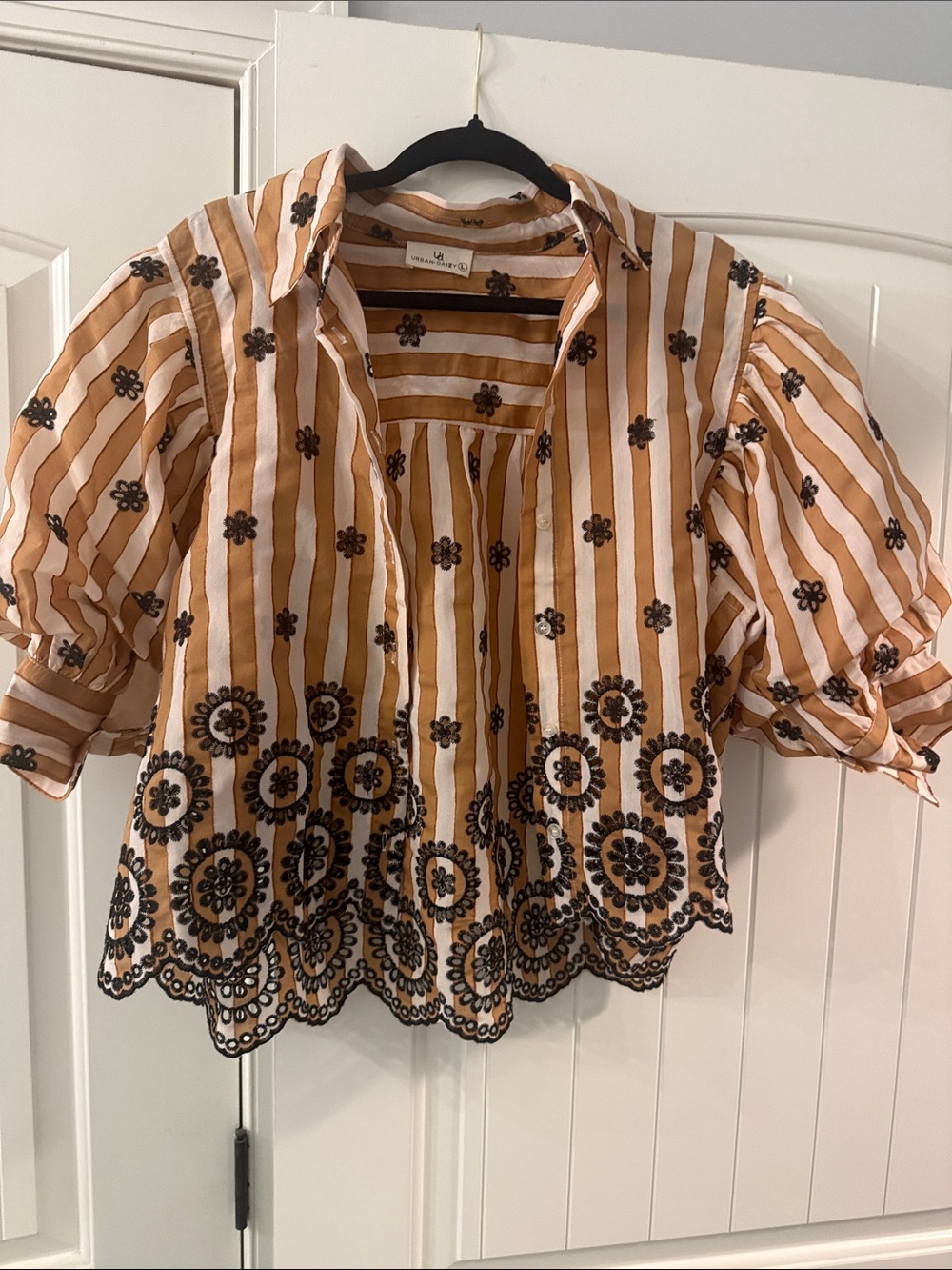 Striped Embroidered Button-Front Blouse in Mustard & White